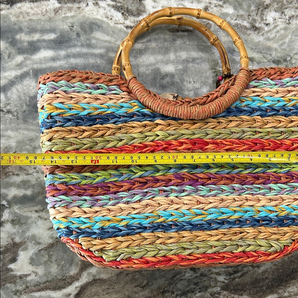 Blue Miami Vibrant Striped Tote with Bamboo Handles - Picture 6 of 6